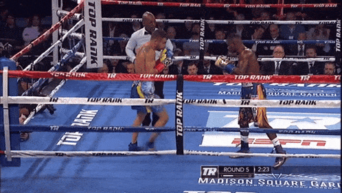 two boxers are in a boxing ring with top rank ropes