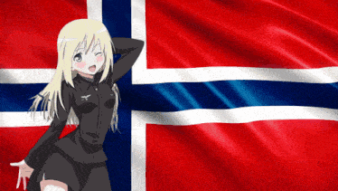 a blonde anime girl is standing in front of a flag