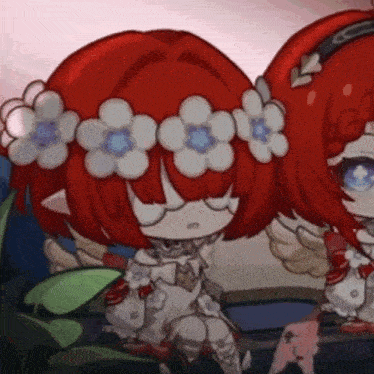 a girl with red hair has flowers in her hair