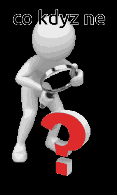 a man holding a magnifying glass and a red question mark