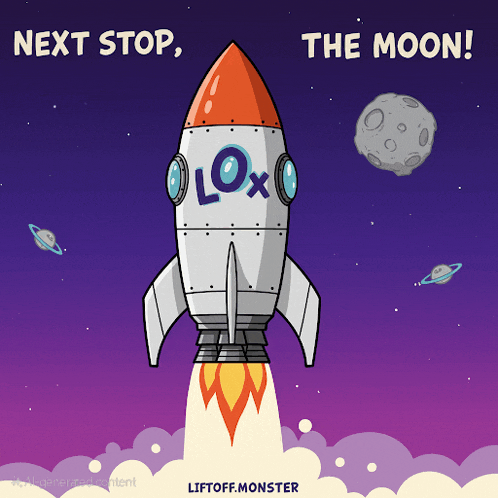 a cartoon of a rocket with the words next stop the moon on it