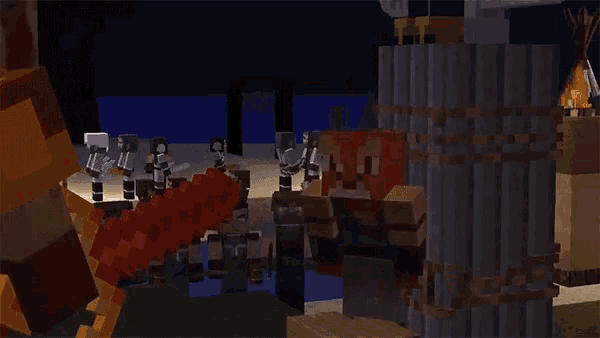 a bunch of minecraft characters are standing around a tower