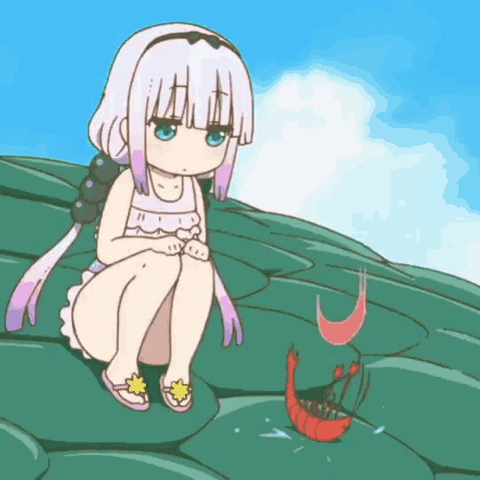 a girl is sitting on a lily pad next to a shrimp .