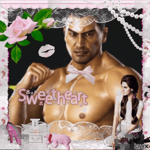 a picture of a shirtless man and a woman with the words sweetheart on the bottom