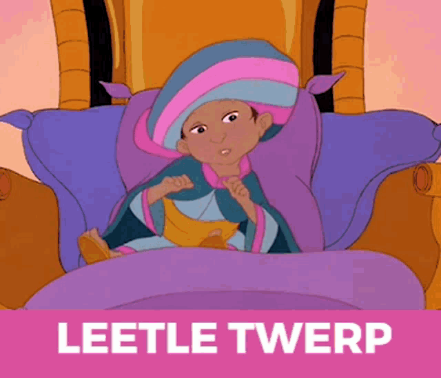 a cartoon of a girl sitting on a throne with the words leetle twerp below it