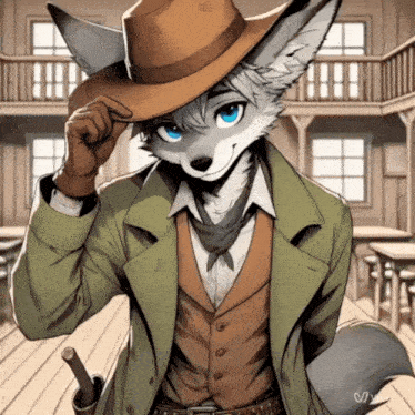 a furry character wearing a cowboy hat and a green jacket