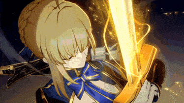 a girl with blonde hair is holding a sword in her right hand .