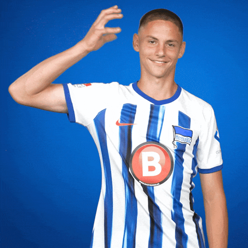 a soccer player wearing a blue and white striped jersey with the letter b on it