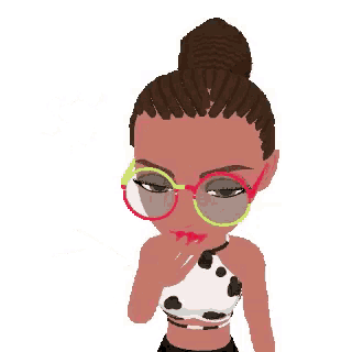 a cartoon girl wearing glasses and a cow print top is giving a thumbs up .