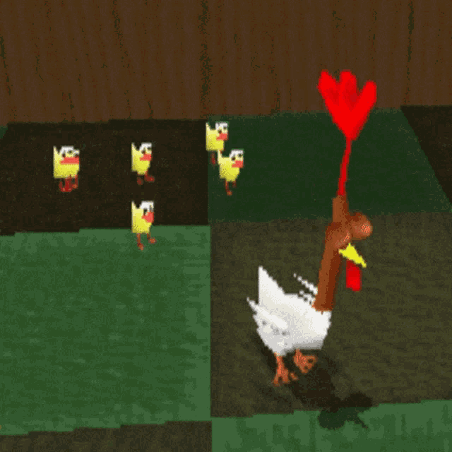 a cartoon chicken with a red crest is standing in a field with ducklings behind it