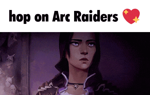 a picture of a woman with the words hop on arc raiders above it