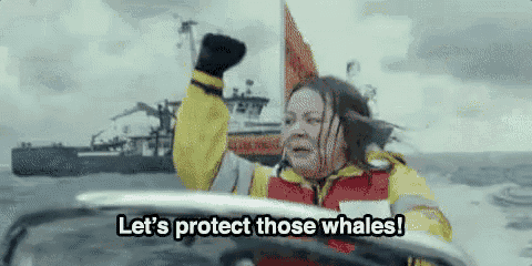 a woman is driving a boat in the ocean and says let 's protect those whales !