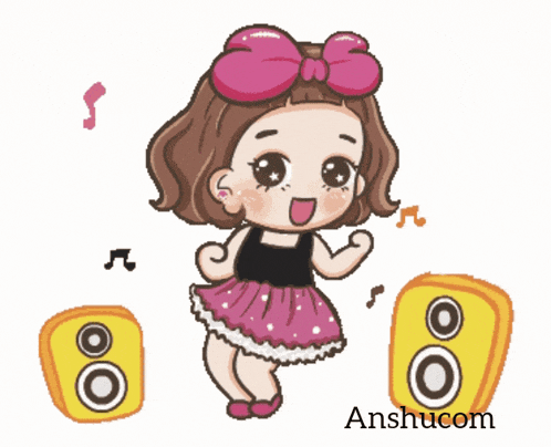 a cartoon girl with a pink bow on her head is dancing in front of two speakers