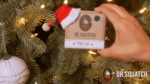 a person is holding a christmas ornament that says dr. squatch