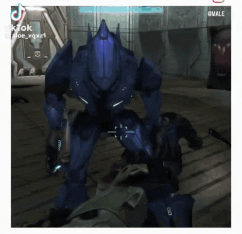 a screenshot of a video game shows a blue robot with a crosshair on it