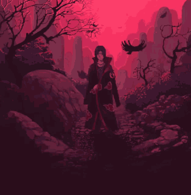 a pixel art of a man in a black cloak with red clouds