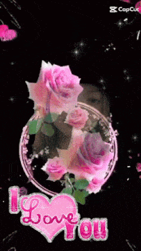 a picture of a girl surrounded by pink roses and the words " i love you "