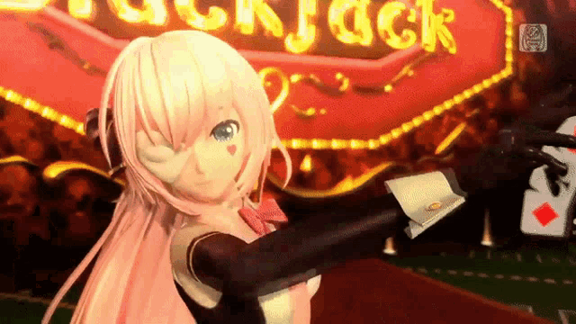 a girl with pink hair is in front of a sign that says blackjack