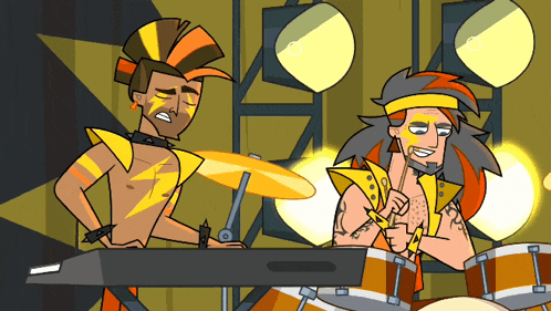 a cartoon of two men playing drums and one has a tattoo on his arm that says ' i love you '