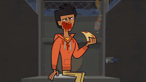 a cartoon character is eating a slice of pizza with blood coming out of his mouth
