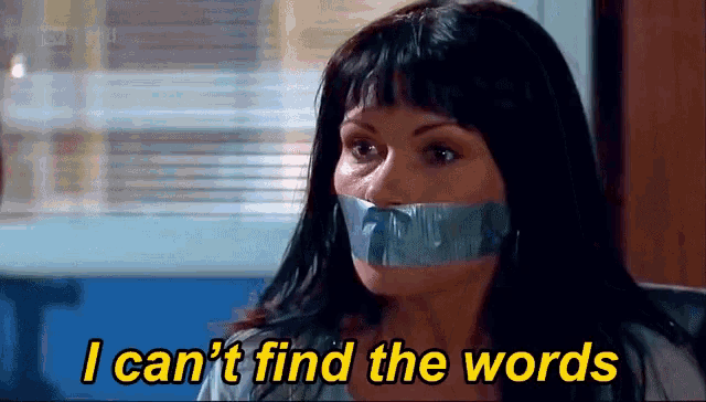 a woman with tape on her mouth and the words i can 't find the words below her