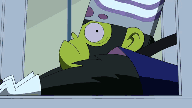 a cartoon character is looking out a window with a purple and white hat on