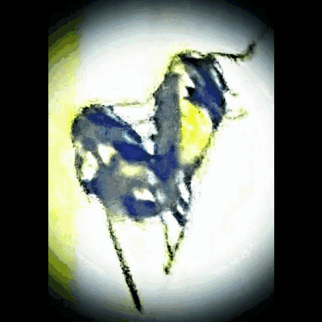 a painting of a blue and yellow horse with a yellow background
