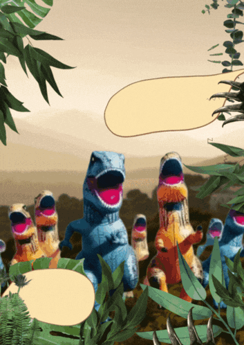 a group of dinosaurs are standing in a jungle with a speech bubble above them
