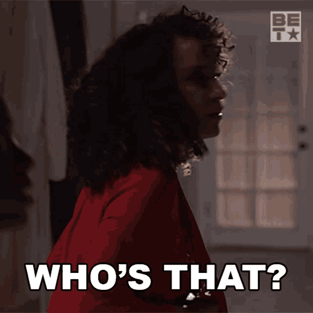 a woman in a red shirt says " who 's that ? "