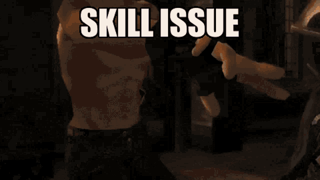 a man is holding a sword in front of his face and the word skill issue is above him