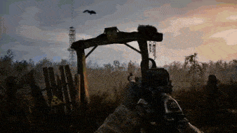 a person is holding a rifle in a video game while a bird flies in the background .