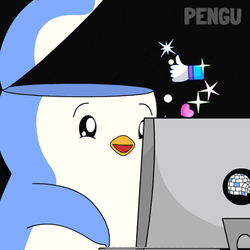 a cartoon of a penguin looking at a computer screen with pengu written on the bottom right