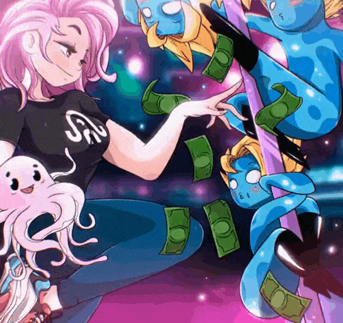 a girl in a black shirt with the letter j on it is surrounded by blue monsters and money