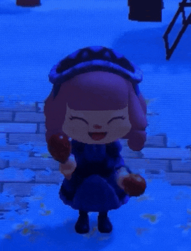 a cartoon character is holding two apples in a video game