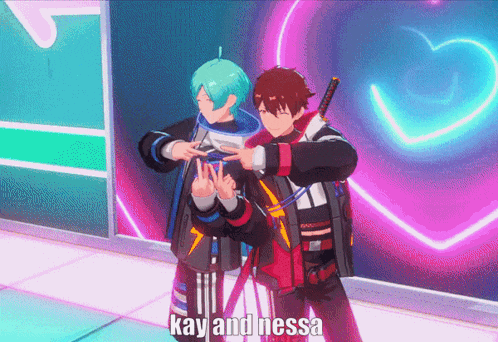 a couple of anime characters standing next to each other with kay and nessa written below them