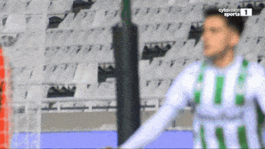 a man in a green and white striped shirt is standing in front of empty bleachers with the number 1 on the bottom