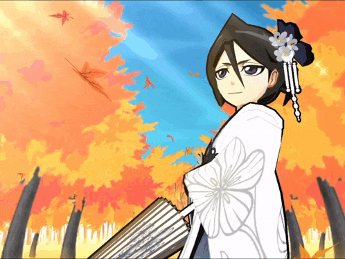 a girl in a kimono is holding an umbrella in front of trees