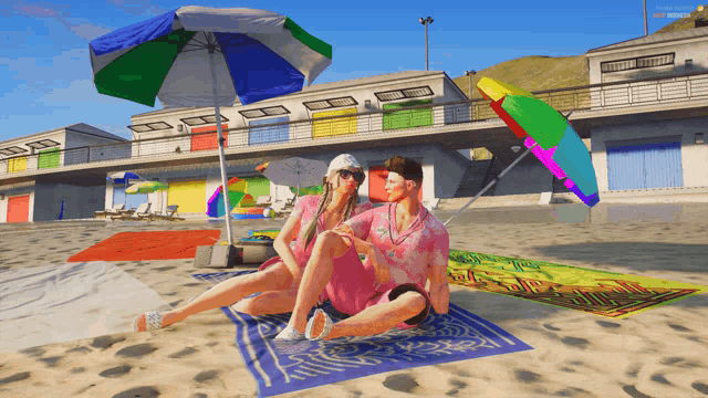 a man and a woman are sitting on a beach under an umbrella with a screenshot of a video game being played