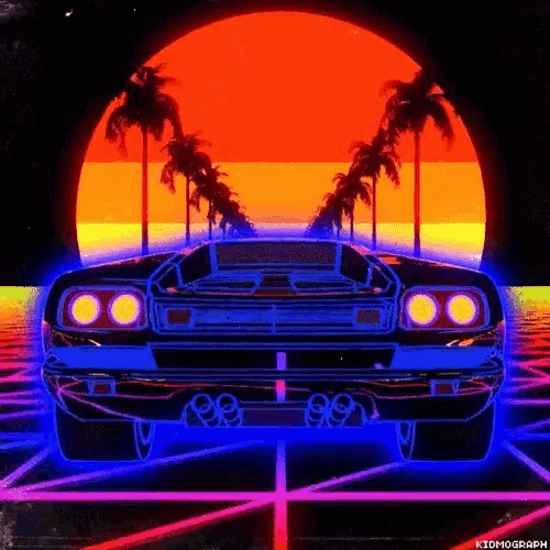 a neon car is driving down a road in front of a sunset .
