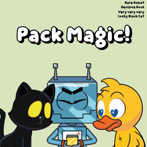a poster for pack magic shows a robot duck and a cat