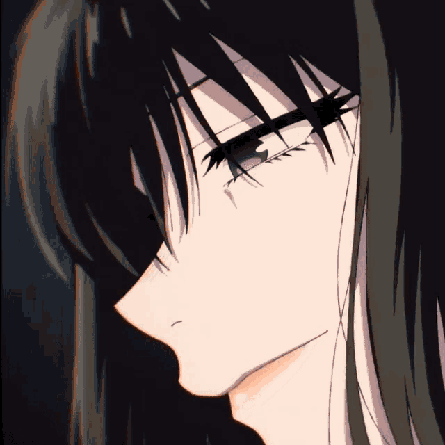 a close up of a girl 's face with black hair and white eyes