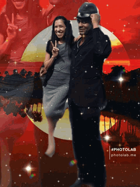 a man and a woman pose for a photo with the hashtag photolab.me