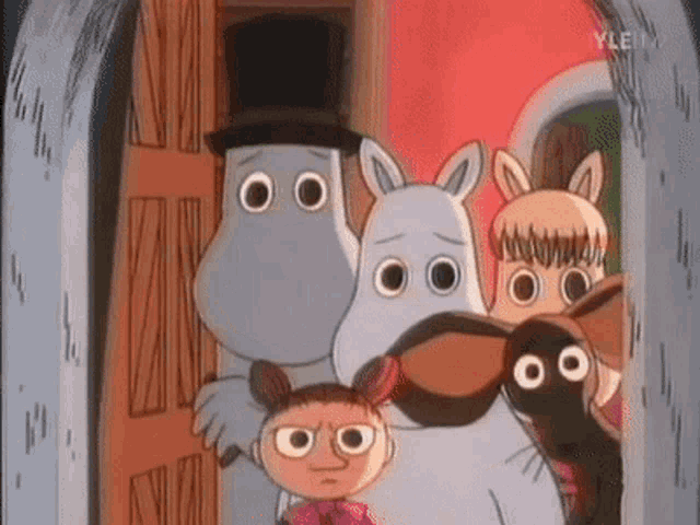 a group of cartoon characters are standing next to each other in a doorway with yle tv written on the bottom right corner