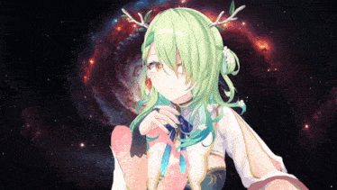 a girl with green hair and antlers looks at the camera
