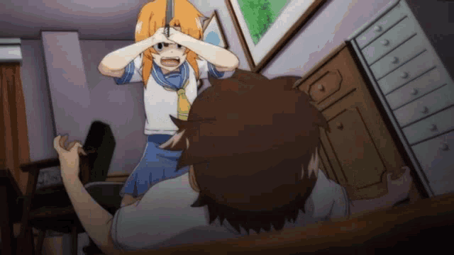 a girl in a school uniform is holding a knife to a man 's face