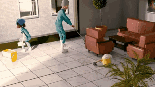 a man and a woman are cleaning a living room floor