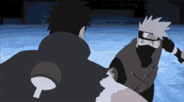 two anime characters are fighting each other and one has a uchiha symbol on his chest
