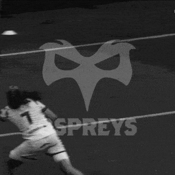 a black and white photo of a soccer game with the word ospreys in the corner