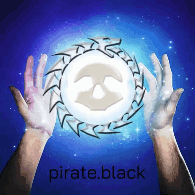 a person 's hands are reaching out to a pirate black logo