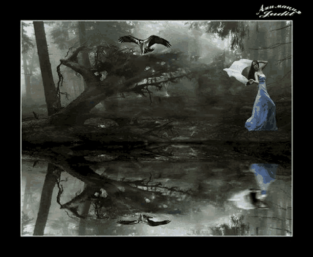 a woman in a blue dress is standing in a dark forest with an eagle flying over her head